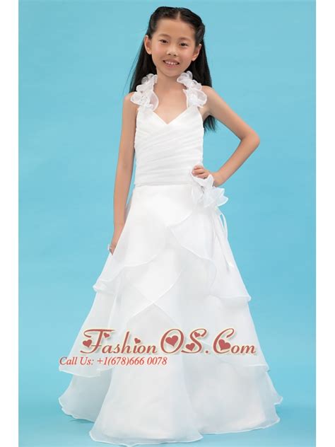 White A Line Halter Flower Girl Dress Organza Ruch And Hand Made