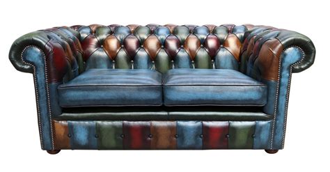 Chesterfield Patchwork 2 Seater Settee Antique Blue Real Leather Sofa