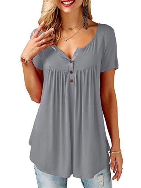 Focusnorm Women S Plus Size Henley V Neck Button Up Tunic Tops Casual