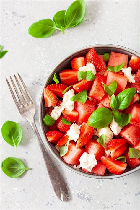 Watermelon Salad With Strawberry Mozzarella Cheese Basil Healthy