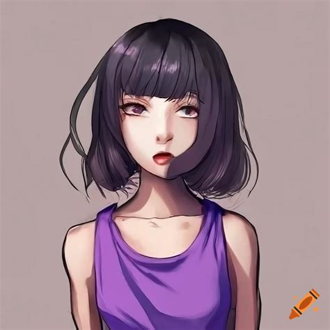 Anime Girl With Blunt Bangs And Short Hair Wearing A Purple Sleeveless