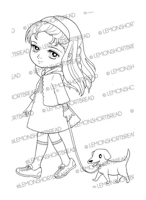 Digital Stamp Girl Walking Dog Puppy Digi Coloring Page Etsy
