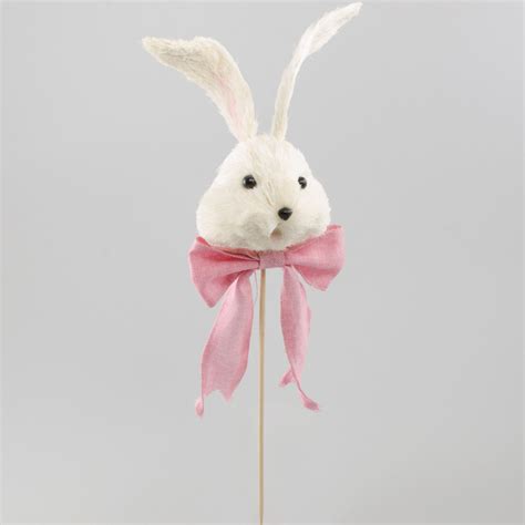 21 Natural Sisal Bunny Head On A Stick Pink Bow Tie E3653317 Pk