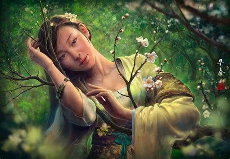 Wallpaper 1920x1327 Px Art Asian Blossoms Eyes Face Fantasy Females Flowers Forest