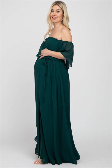 Emerald Green Chiffon Off Shoulder Maternity Maxi Dress Pinkblush