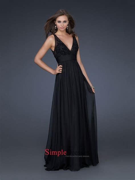 A Line Strap Deep V Neck Embroidery Open Back Black Prom Dress PD1710