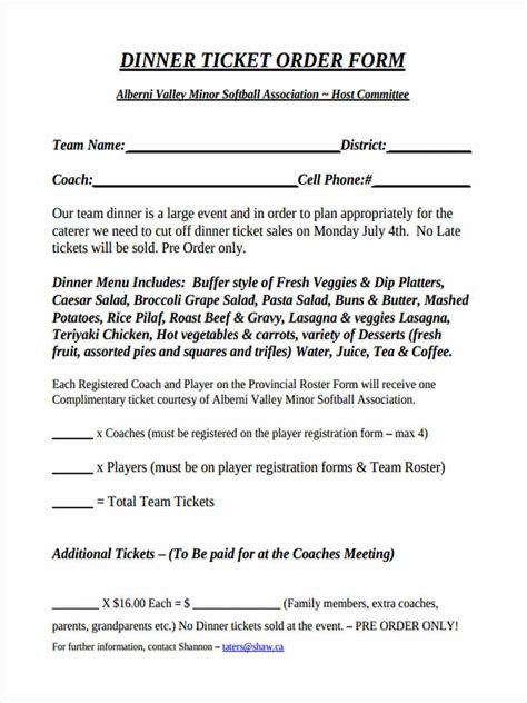 Free 8 Dinner Order Forms In Pdf Ms Word