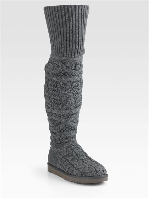 Ugg Cable Knit And Suede Over The Knee Boots In Gray Charcoal Lyst