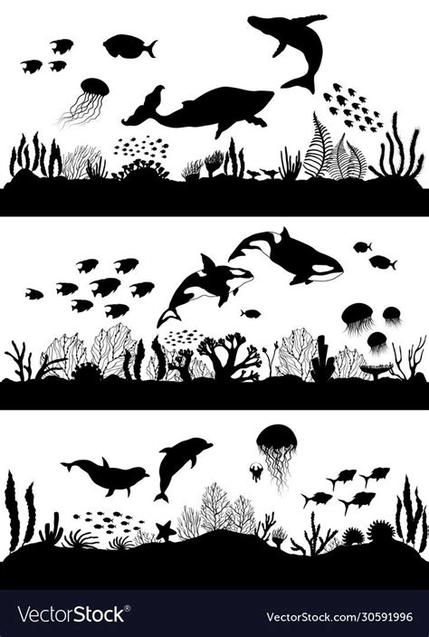 Two Different Silhouettes Of Sea Animals And Fish In The Water With