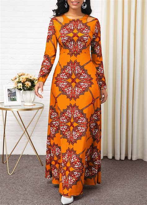 Tribal Print Cutout Shoulder Long Sleeve Maxi Dress Rotita Com USD