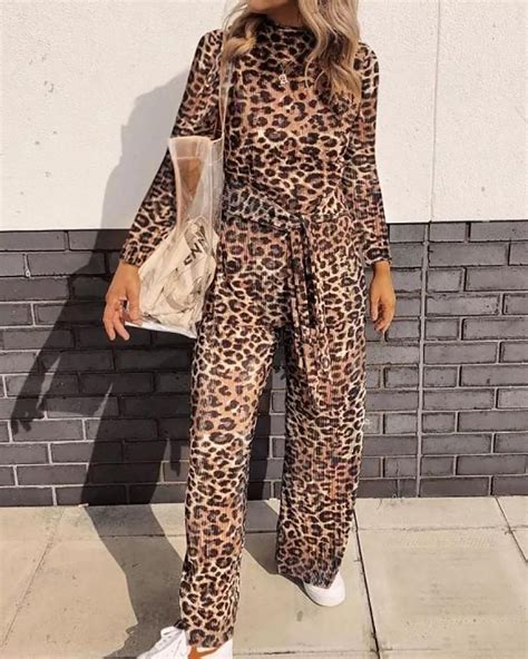 Leopard Long Sleeve Belted Jumpsuits Long Jumpsuits Fashion