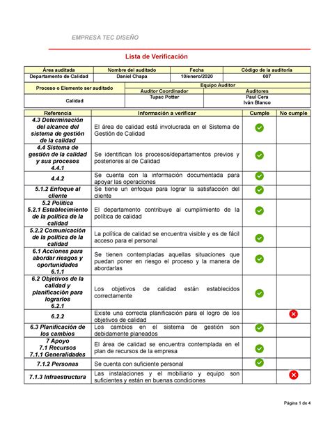 Lista De Verificaci N De Auditoria De La Iso Empresa Tec Dise O