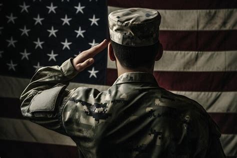 Un Soldado Saludando Frente A Una Bandera Foto Premium