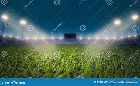 Soccer Stadium With Green Grass Field With Bright Floodlight Background