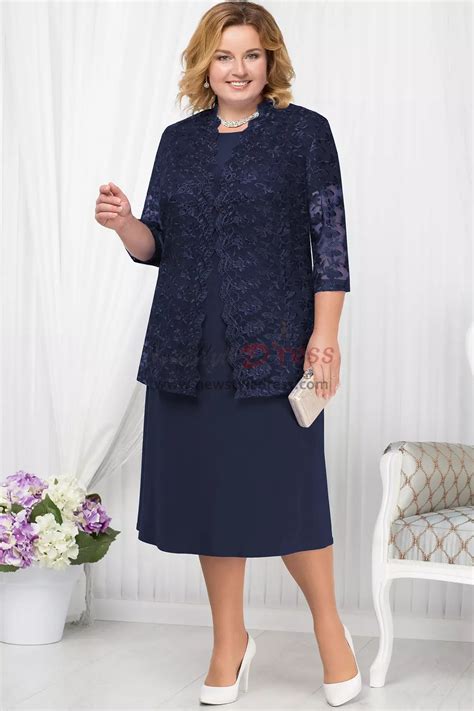 Plus Size Dark Navy Mother Of The Bride Dress With Lace Jacket Classic