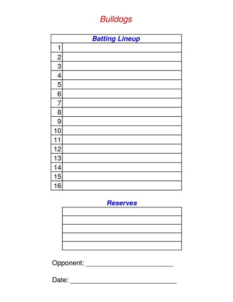 Football Depth Chart Template Excel Format Or Baseball Lineup Card
