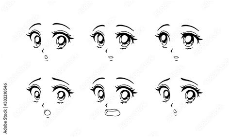 Set Of Surprised And Scared Anime Faces Hand Drawn Vector Cartoon