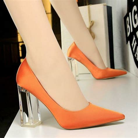 Women Ol Chic Closed Pointed Toe Pumps High Chunky Clear Block Heel