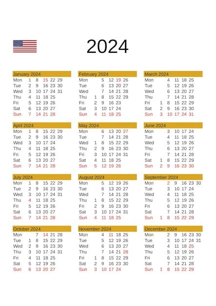 Calendario Del Año 2024 En Inglés Con Días Festivos De Estados Unidos
