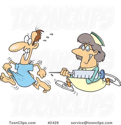 Cartoon Nurse Chasing A Patient With A Needle 2426 By Ron Leishman