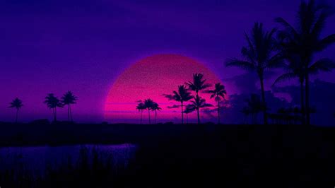 Hd Wallpaper Silhouette Of Pine Trees Palm Trees Retrowave Purple