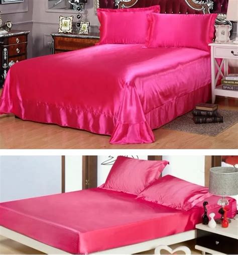 4pcs Hot Pink Bedding Satin Silk Sheets Flat Fitted Bed Sheet Bedspreads Linens California King