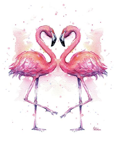 Two Flamingos In Love Watercolor Painting By Olga Shvartsur Pixels