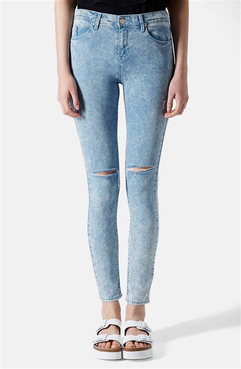 Topshop Moto Leigh Acid Wash Ripped Skinny Jeans Light Blue