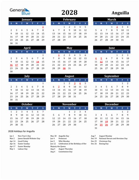 2028 Anguilla Calendar With Holidays