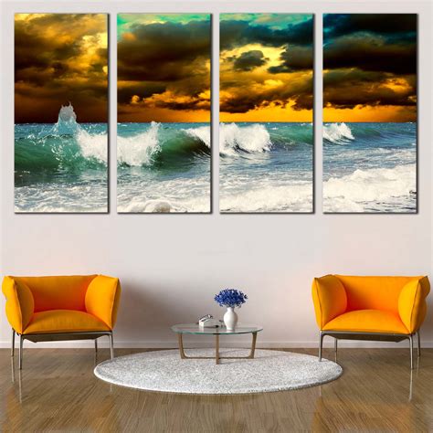 Cloudy Seascape Canvas Wall Art Sea Green Ocean Waves 4 Piece Canvas