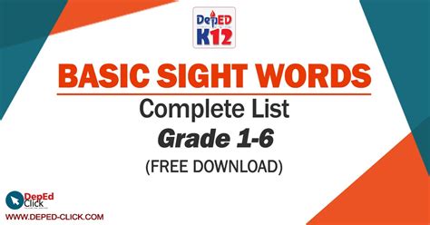 Basic Sight Words Grade 1 6 Free Download Deped Click