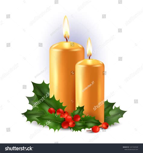 Christmas Background Two Burning Candles Holly Stock Vector Royalty