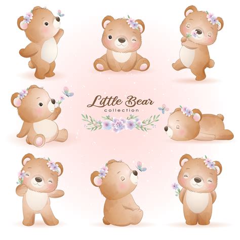 Cute Little Bear Poses Clipart With Watercolor Illustration Etsy