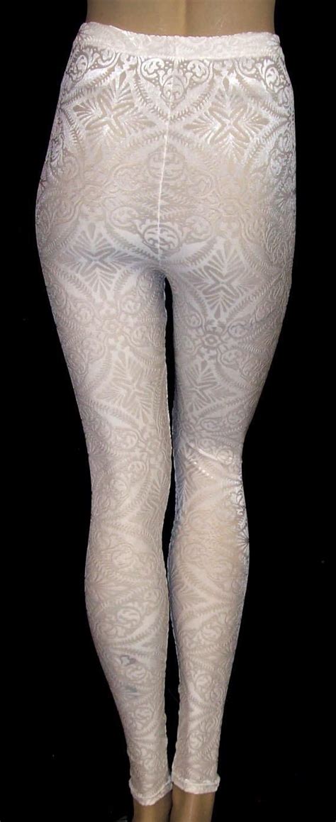 Leggings Tights White Sheer Stretch Mesh With Burnout Velvet Image 1