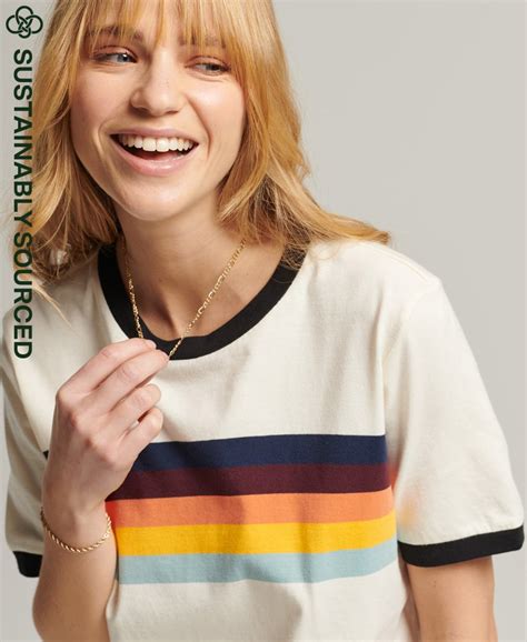 Womens Organic Cotton Vintage Cali Stripe Ringer T Shirt In Cream