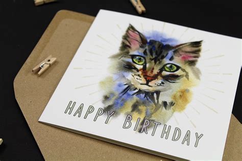 Maine Coon Happy Birthday Card Cat Watercolour Starburst Etsy Uk