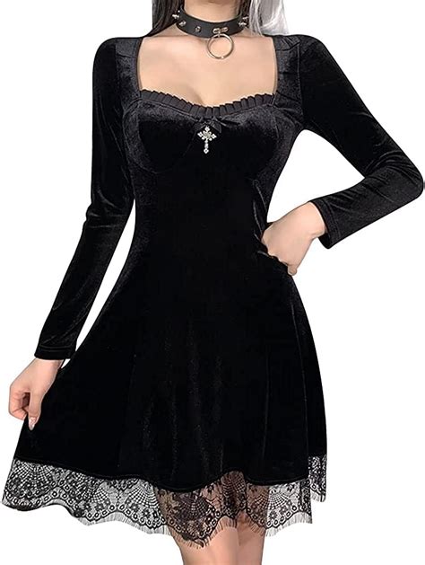 Buy Women Gothic Lolita Punk Dresses Black Goth Vintage Long Sleeve Mini Velvet Retro Grunge