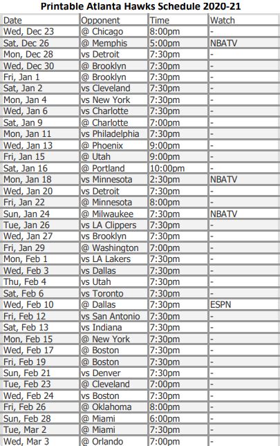 Complete game and broadcast schedules for the first half of the season were revealed on dec. Printable Atlanta Hawks schedule and TV schedule for 2020 ...