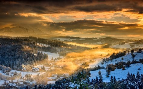 Nature Landscape Winter Sunset Forest Mountain Clouds Snow Sky