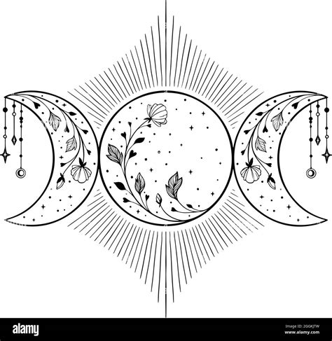 Símbolo de luna triple con flores y estrellas Imagen Vector de stock