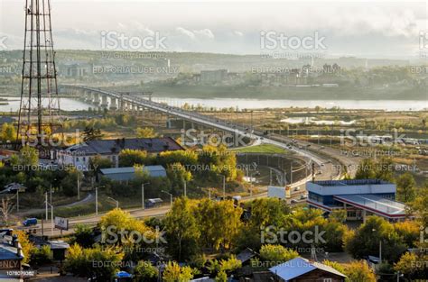Akademicheskiy New Bridge Bridge Over The Angara River View Above Stock