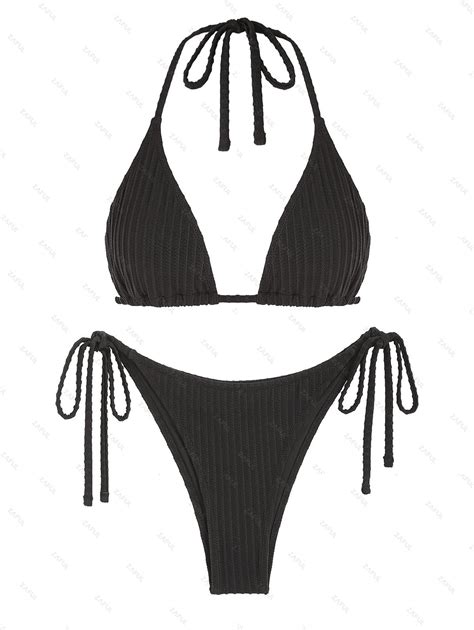 Zaful Textured Ribbed String Bikini Set In Black Zaful 2024