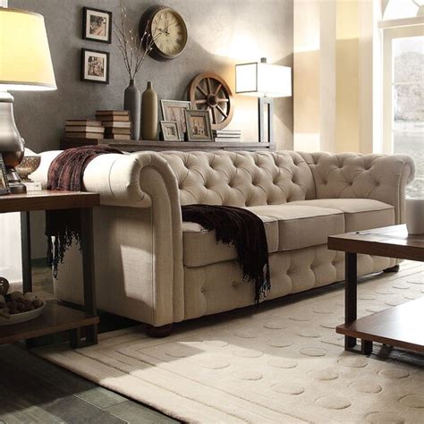 tribecca home knightsbridge beige linen tufted scroll arm chesterfield sofa overstock shopping