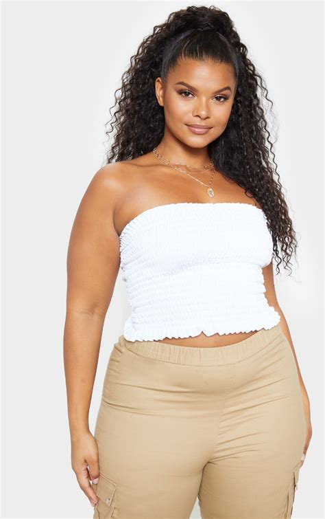 Plus White Shirred Crop Top Plus Size Prettylittlething