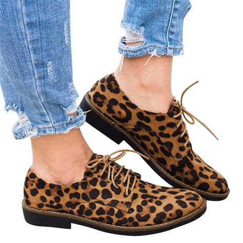 Women Round Toe Leopard Print Ankle Flat Suede Casual Lace Up Shoes