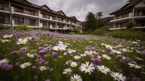 Large Group Of White Daisys On A Meadow Near A Hotel Building