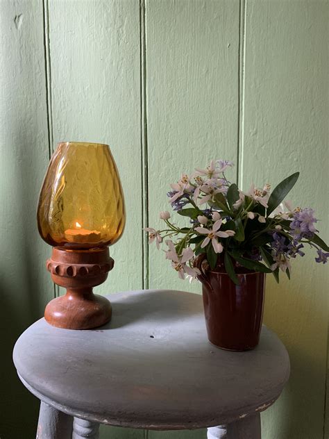 Retro Wooden Candle Holder Amber Glass Shade Table Etsy Uk Wooden