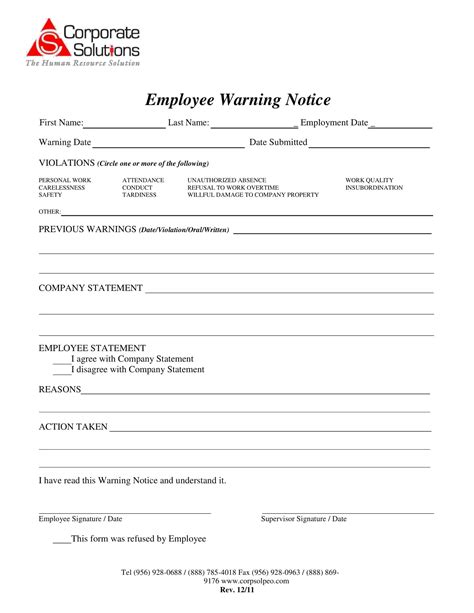 Free Printable Employee Warning Notice Templates PDF Excel
