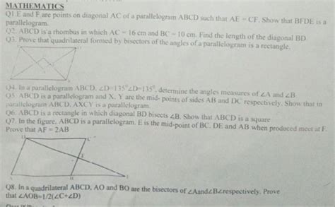 Mathematics Q1e And F Are Points On Diagonal Ac Of A Parallelogram Abcd