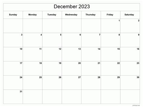 Printable December 2023 Calendar Classic Blank Sheet